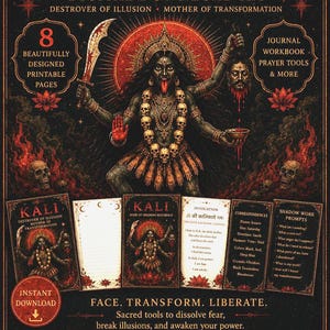 May include: Digital download kit featuring a dark illustration of the Hindu goddess Kali, holding a sword and a severed head. The design includes printable pages, journal prompts, rituals, and mantras. The text reads "Face. Transform. Liberate."