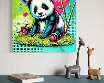 Impresión en lienzo de arte pop de panda caprichoso para pared de guardería