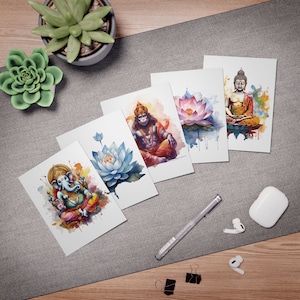 Unique Ganesha, Hanuman, Buddha Watercolor Greeting Card Set (5-Pack) | Blank Stationery Note Cards