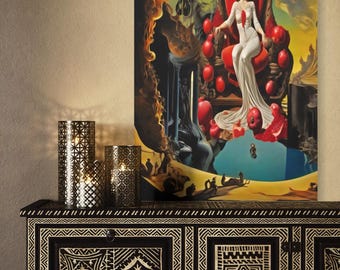 May include: A painting of a woman in a white dress sitting on a throne made of pomegranates. The woman is surrounded by pomegranates and a skull. The background is a dark, swirling sky.