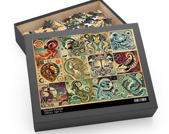May include: A 500-piece jigsaw puzzle featuring a colorful illustration of the 12 zodiac signs. The puzzle box is black with a white border and the text "16x20 Puzzle 500 pcs Ages 9+"