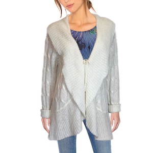 Vintage Boho Romance Cuddly Wool Blend Plait Pattern Cardigan Volant Collar Scarf Collar Cream NEW Gr.44