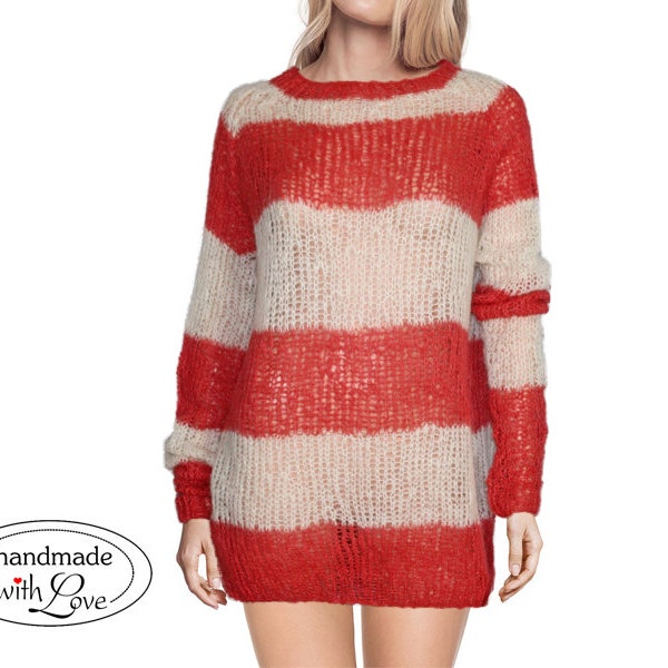 Handgestrickt Kuscheliger Mohair Apres Ski Longpulli Pullover Ajour Lochmuster Korallenrot Wollweiß NEU Gr.42 44