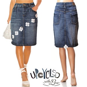 Upcycled Unique Vintage Romance Stretch Jeans Skirt Pencil Skirt Knee length Gr.40