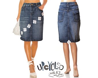 Upcycling Unikat Vintage Romantik Stretch Jeansrock Bleistiftrock Knielang  Gr.40