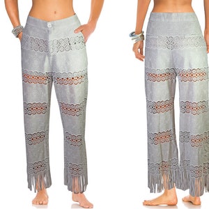 High Waist Vintage Boho Hippie Romance Fringe Pants Lace Pants Embroidered Gr.40
