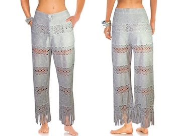 High Waist Vintage Boho Hippie Romance Fringe Pants Lace Pants Embroidered Gr.40