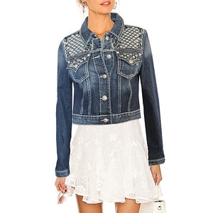 MISS ME Thick Seams Vintage Used Look Cool Rhinestone Denim Jacket Studded Denim Jacket NEW Size 38 Size M