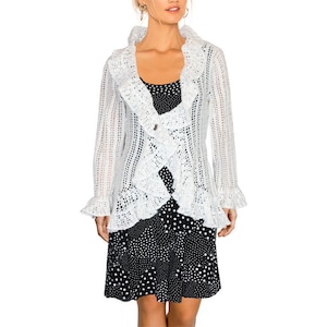 HANDHÄKELT Handmade Unique Ajour Crochet Bolero Cardigan White NEW Gr.42