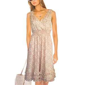 Vintage Romantic Feminine Chiffon Pleated Ruffle Dress Fitted Ecru Vanilla NEW Size 40 42