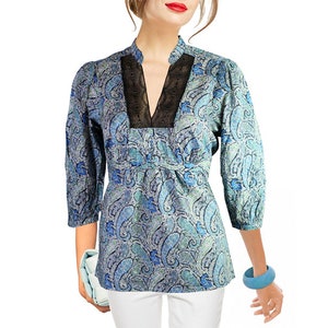 Vintage Boho Hippie Paisley Airy Blouse Tunic 3/4 Sleeve Blue NEW Gr.38