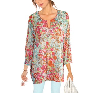 Vintage Flowing Chiffon Rhinestones Long Blouse Tunic Airy 7/8 Sleeve NEW Size 48