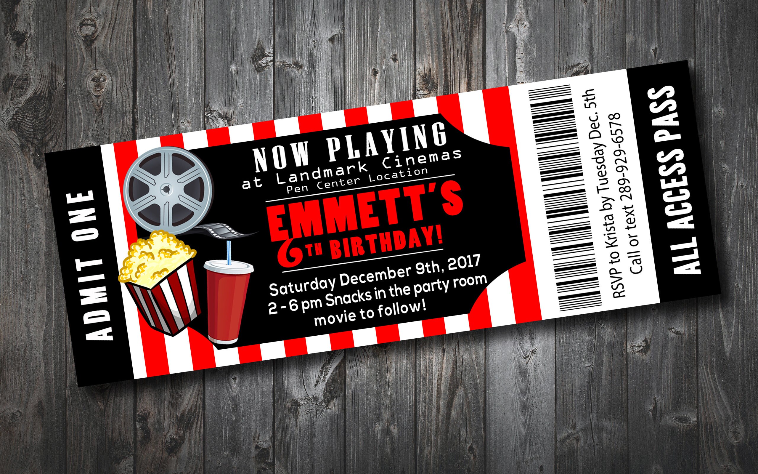 Movie Ticket Kids Birthday Party Invitation Personalized | Etsy