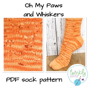 May include: A PDF knitting pattern for socks called "Oh My Paws and Whiskers" featuring a cat paw design in orange and white yarn. The pattern is available from "Twinkly Knits".