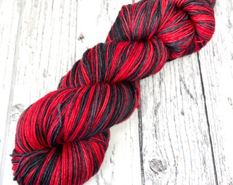 Red and Charcoal self striping sock yarn, stripy 4 ply yarn