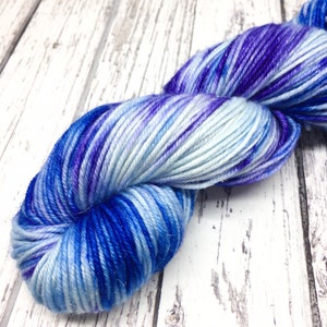 Patch dyed DK merino, blue and purple shades double knit yarn, hand dyed wool