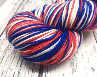 Self striping Union Jack yarn, merino nylon sock yarn, Union flag stripy wool, hand dyed yarn