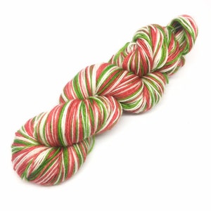Red green and white self striping sock yarn, stripy 4 ply yarn, Christmas socks yarn, elf socks, red stripy yarn, Christams themed yarn
