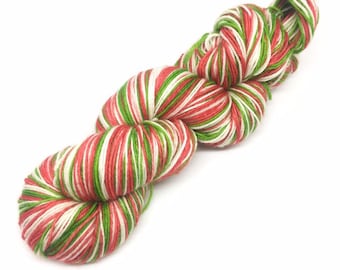 Red green and white self striping sock yarn, stripy 4 ply yarn, Christmas socks yarn, elf socks, red stripy yarn, Christams themed yarn