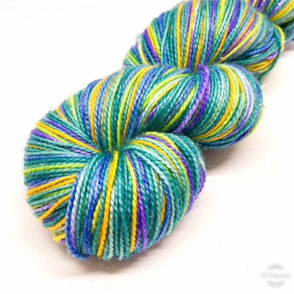 Peacock yarn, Teal, purple and turquoise wool, Merino and nylon sparkly 4 ply sock yarn, 100g skein, hand dyed sock yarn, luxury yarn