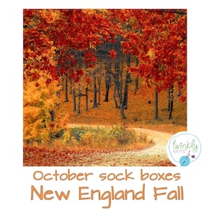 May include: An autumnal forest scene with a path leading through the trees. The image features trees with red, orange, and yellow leaves. The text "October sock boxes" and "New England Fall" are displayed in the image.