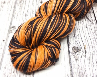 Self striping sock yarn, orange and black stripy yarn, superwash hand dyed stripy merino 4 ply