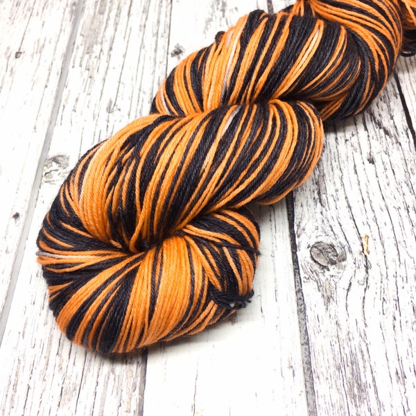Self striping sock yarn, orange and black stripy yarn, superwash hand dyed stripy merino 4 ply