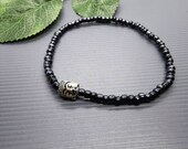 Stretchy Dark Grey Tibetan Silver Buddha Ankle Bracelet, Stackable Bead Jewellery Stretch Ankle Jewellery 9.5 quot