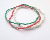 Set Of 3 Stretch Anklets - Green, White and Red Ankle Bracelets, Stackable Bead Jewellery, Beach Ankle Bracelets, Stretch Ankle Jewellery