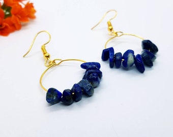 Gold Plated Dangle Hoop Earrings With Lapis Lazuli Gemstone Chips. Handmade Ladies Golden Crystal Earrings. Blue & Gold Egyptian Stone