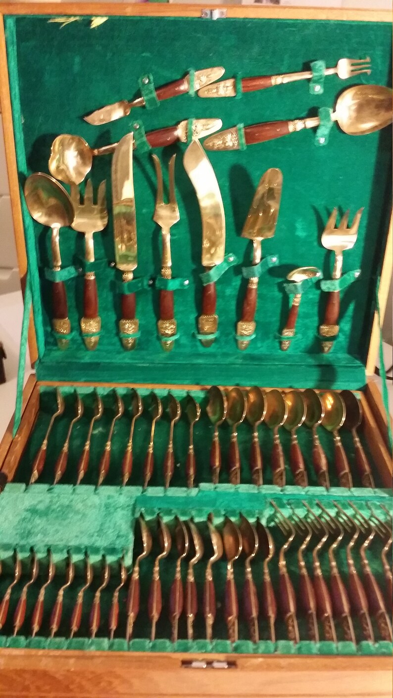 Antique BronnzewareRosewood Tableware Flateware Handmade by Skilled Craftsmen 99 pieces