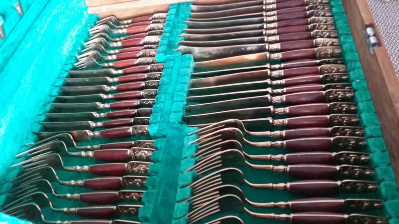 Antique BronnzewareRosewood Tableware Flateware Handmade by Skilled Craftsmen 99 pieces
