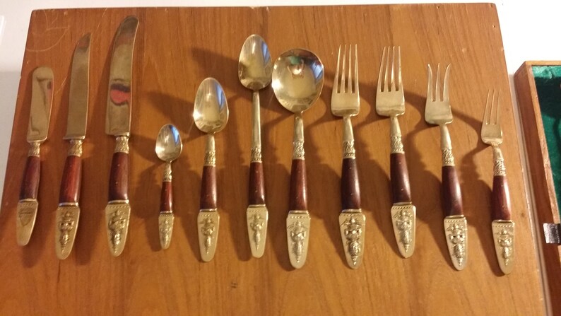 Antique BronnzewareRosewood Tableware Flateware Handmade by Skilled Craftsmen 99 pieces