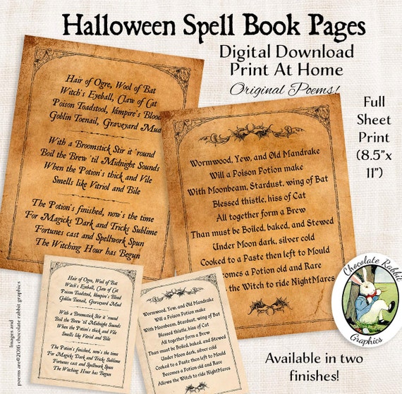 Halloween Witch Spell Book Pages Digital Download Printable Page Spellbook Graphic Image Wall Art Scrapbook Journal Collage Sheet