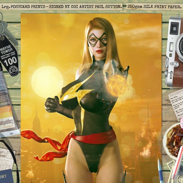 Ms. Marvel Miss Carol Danvers SEXY Femforce 'Sunset City' DC Superhero Gotham Comic Art Print Signed by CGI Artist Paul Sutton