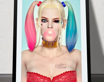 Margot Robbie SEXY Harley Quinn Suicide Squad 'Bubble Gum' DC Comic Signed Print by CGI Artist Paul Sutton Superhero Gotham Batman Joker