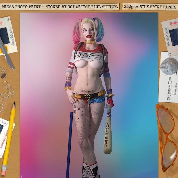 Harley Quinn Suicide Squad Margot Robbie SEXY 'Lucky You' Superhero Gotham DC Comic Print Signed by CGI Artist Paul Sutton Batman Joker Hero