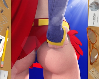 Supergirl SEXY Melissa Benoist Helen Slater 'Cheeky' Superhero DC Comic Art Print Signed by CGI Artist Paul Sutton Series Superman Pin-up