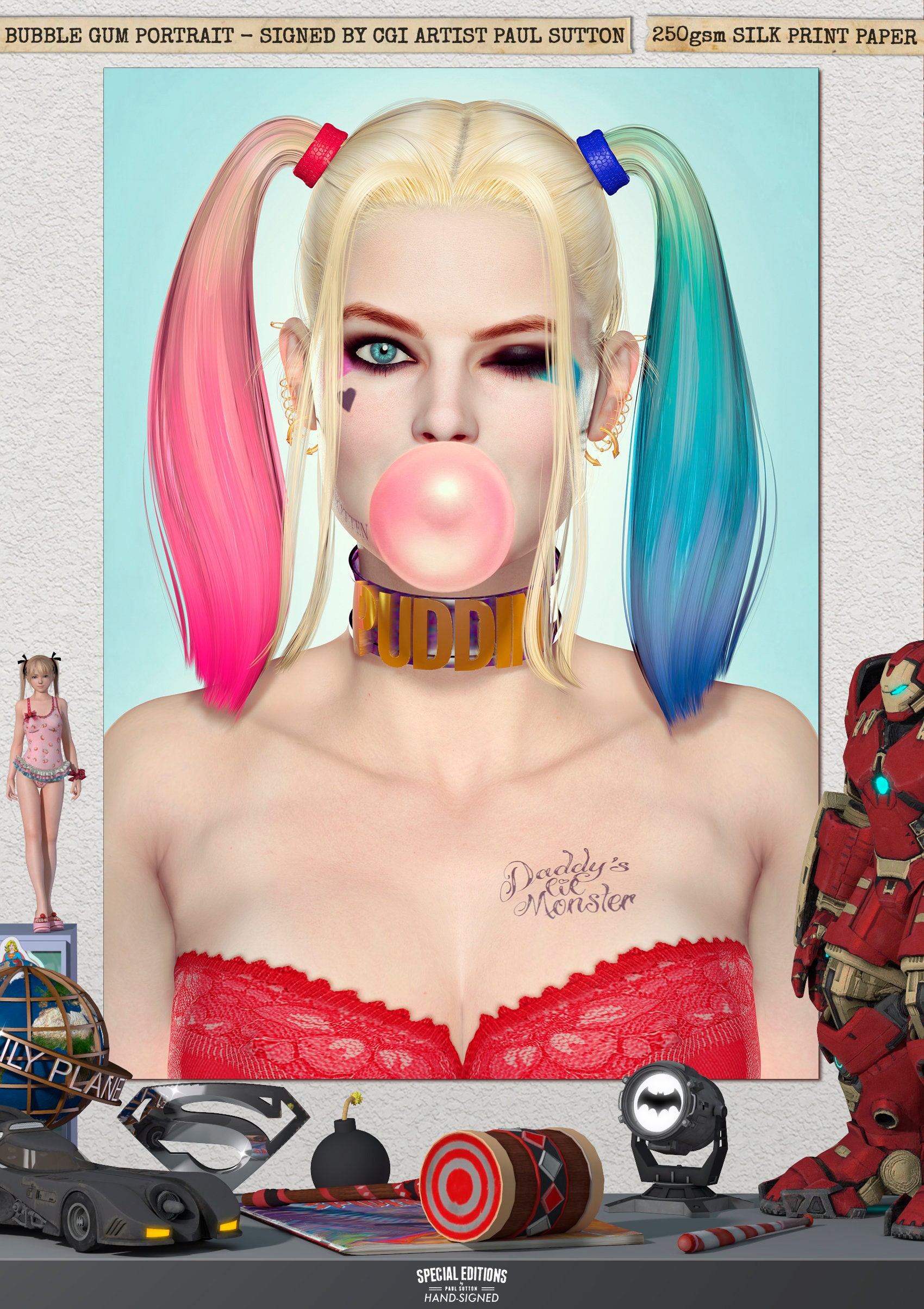 Margot Robbie SEXY Harley Quinn Suicide Squad 'bubble Gum' DC Comic Signed Print by CGI Artist