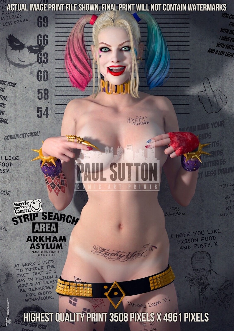 Harley Quinn Suicide Squad Margot Robbie SEXY Nude 'Strip Search' DC Comic Print Signed by CGI Artist Paul Sutton Gotham Batman Joker Hero image 2