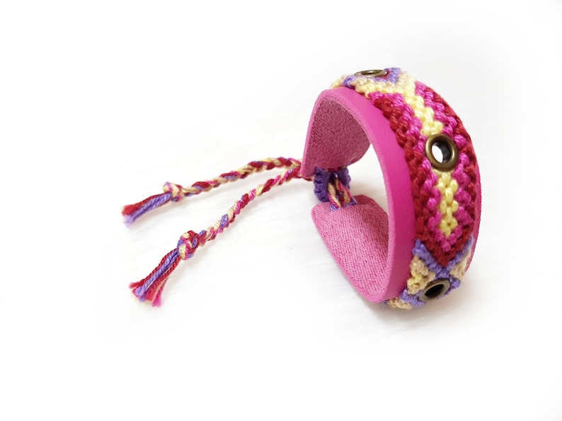 Woven Bracelet Cuff Women Pink Leather Bracelet for Kids Boho Jewelry Gift OOAK Bohemian Jewelry Women Friendship Bracelet Women
