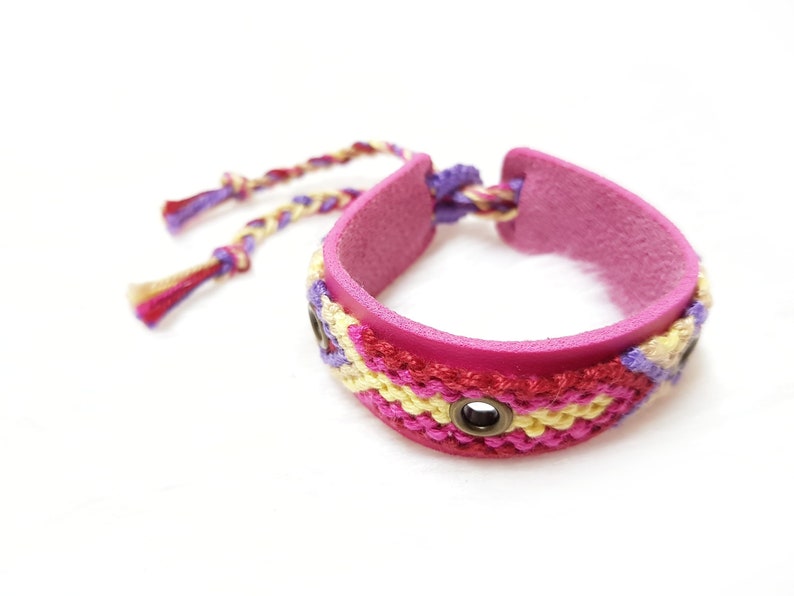 Woven Bracelet Cuff Women Pink Leather Bracelet for Kids Boho Jewelry Gift OOAK Bohemian Jewelry Women Friendship Bracelet Women