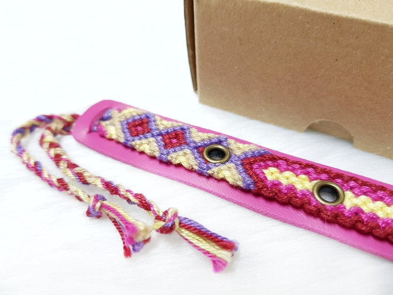 Woven Bracelet Cuff Women Pink Leather Bracelet for Kids Boho Jewelry Gift OOAK Bohemian Jewelry Women Friendship Bracelet Women