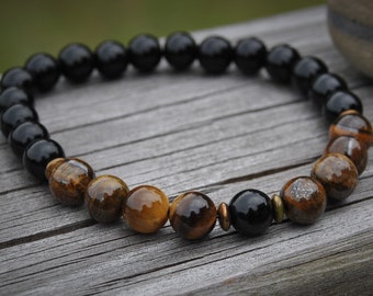 Mens Black Jasper and Tiger Eye Stretch Bracelet - Item 253