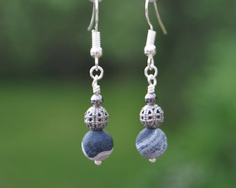 Silver and Crackled Agate Drop Earrings - Item 243