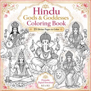 Op de afbeelding: Een zwart-wit kleurboek getiteld "Hindu Gods & Goddesses Coloring Book" met illustraties van hindoe-goden. De omslag bevat de tekst "25 Divine Pages to Color" en "Printable Digital Download 8.5 x 8.5". Afmetingen: 21,6 x 21,6 cm.