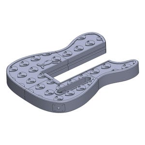 May include: A light gray, guitar-shaped object with a U-shaped cutout. The object has multiple circular indentations across its surface. The design appears to be a 3D model or a prototype, possibly for a musical instrument or related product.