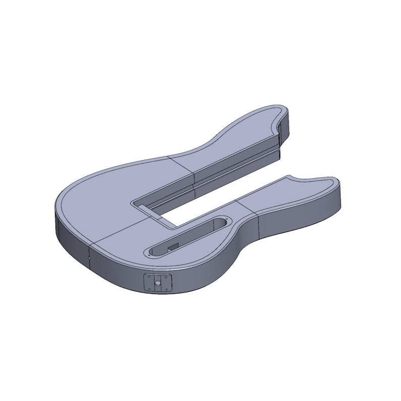 Pode incluir: Um objeto cinza claro em forma de guitarra com um recorte em forma de U no centro. O objeto tem uma abertura retangular e uma pequena abertura quadrada na parte inferior. O design parece ser um modelo 3D ou um molde.