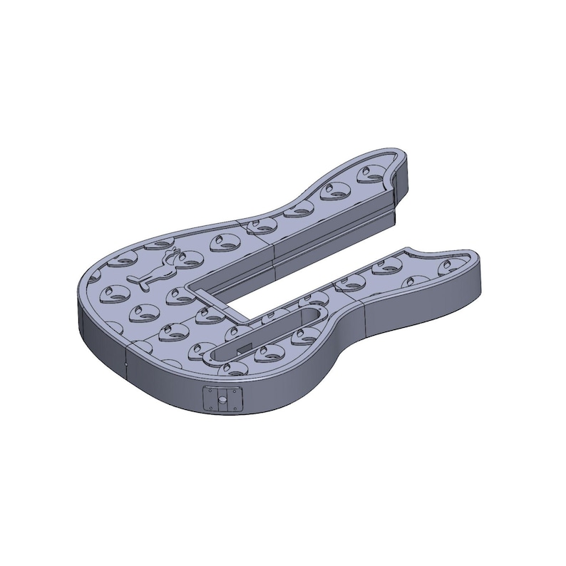 Pode incluir: Um objeto cinza em forma de guitarra com um recorte central. O objeto apresenta numerosas pequenas reentr&acirc;ncias ovais em sua superf&iacute;cie. O design sugere um modelo 3D ou um molde para um item em forma de guitarra.