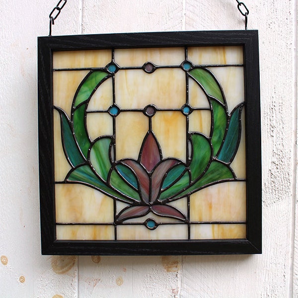 Victorian Style Stained Glass Window Panel Rose Teal Green - Stain Glass Window Panel